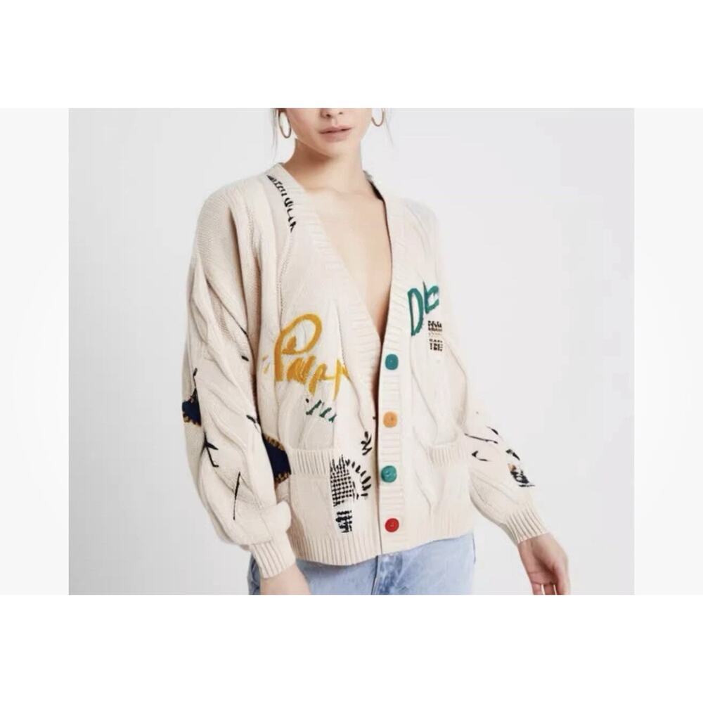 NWT Ebossy Women’s Cardigan Sweater Ivory Dream Knit Embroidered Patchwork XL